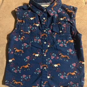 Kids Sleeveless Horse Print Button-Down Shirt - Navy and Orange